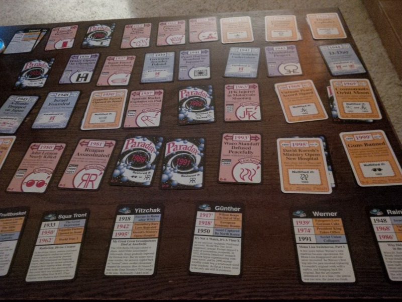 A look at the timeline of Chrononauts, set up for a solo game. 